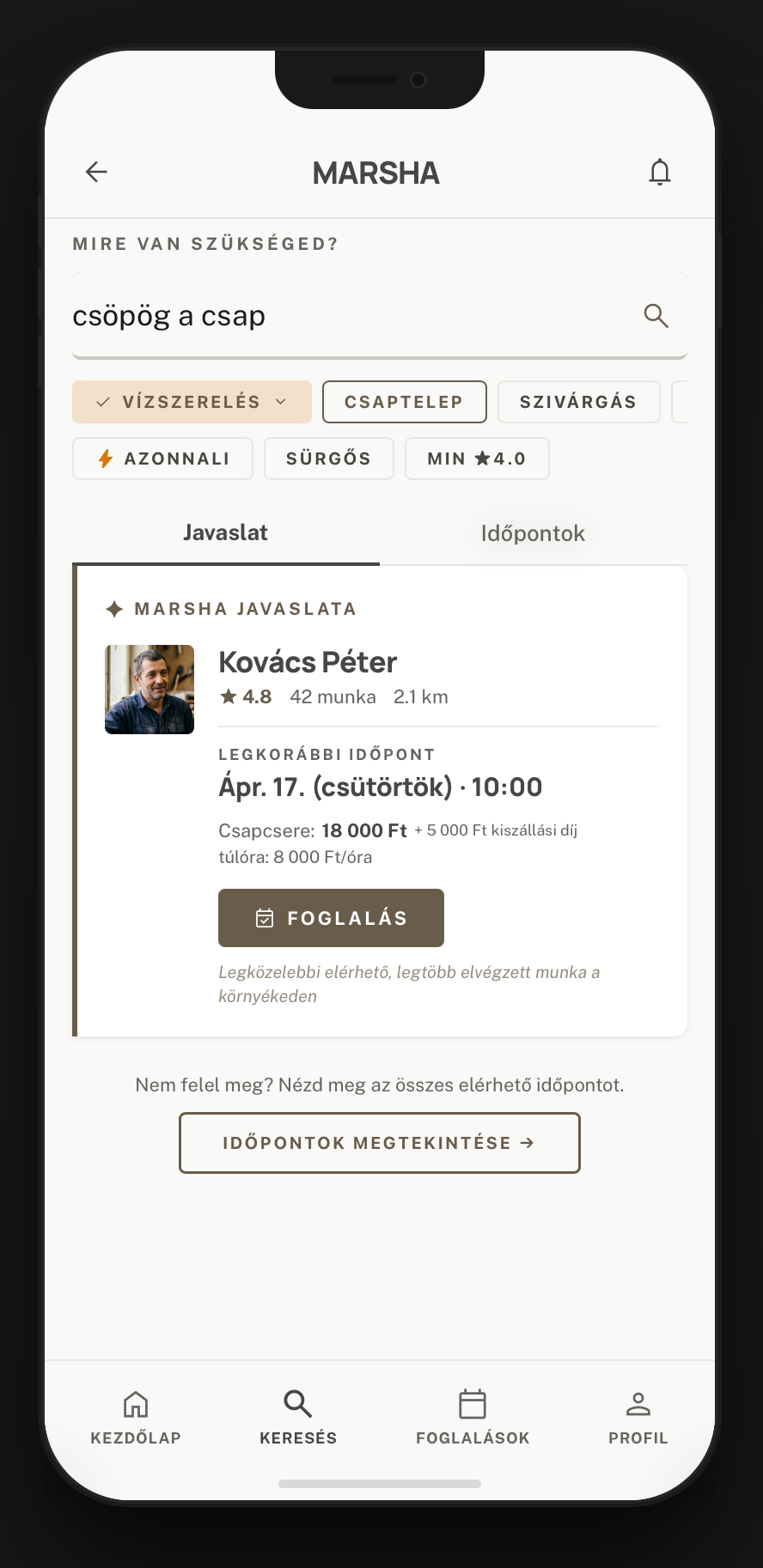 Marsha search — instant recommendation with earliest appointment