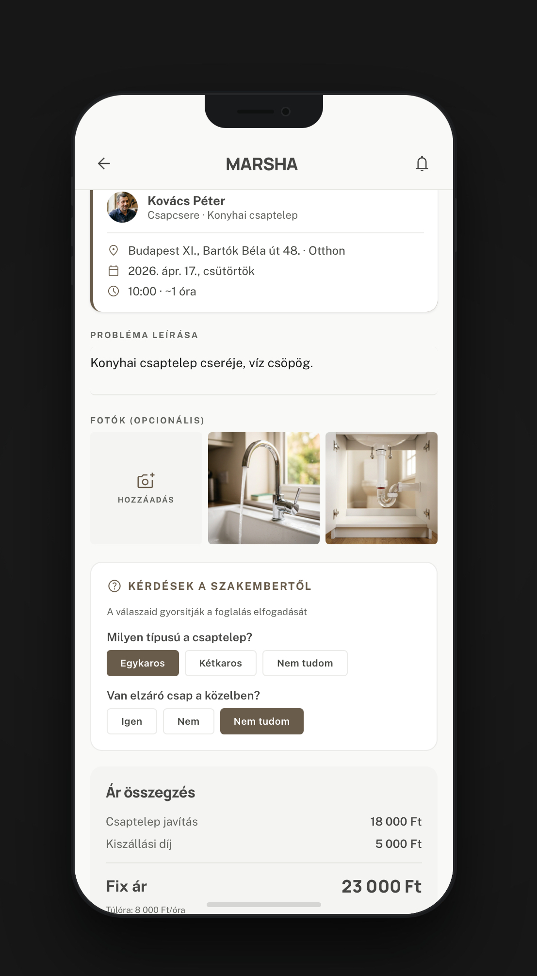 Marsha booking form — the pro's own intake questions (faucet type, shutoff valve) asked upfront